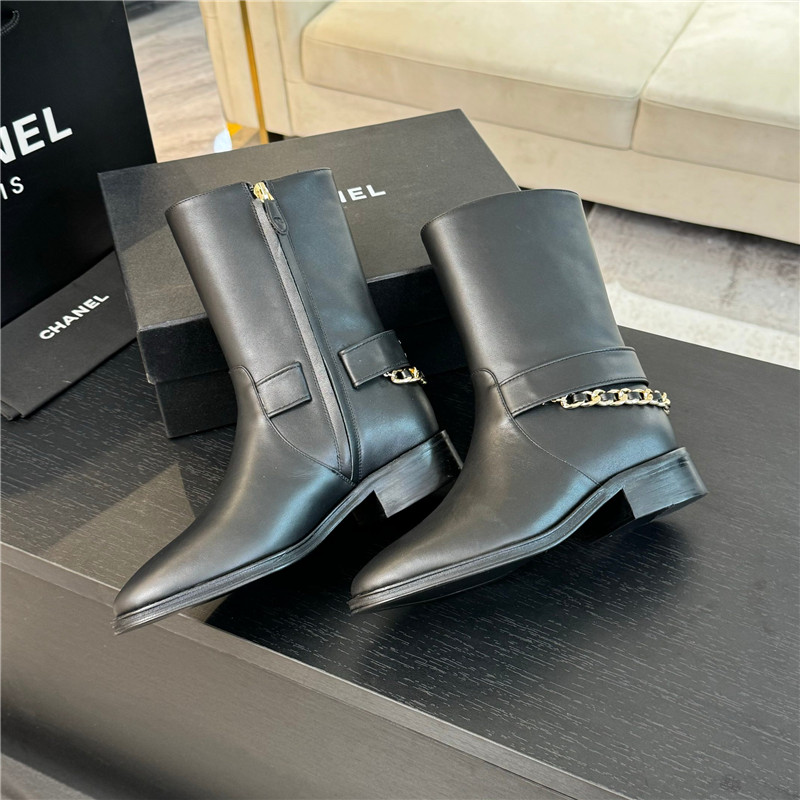 Ch**el calfskin metal chain ankle boots