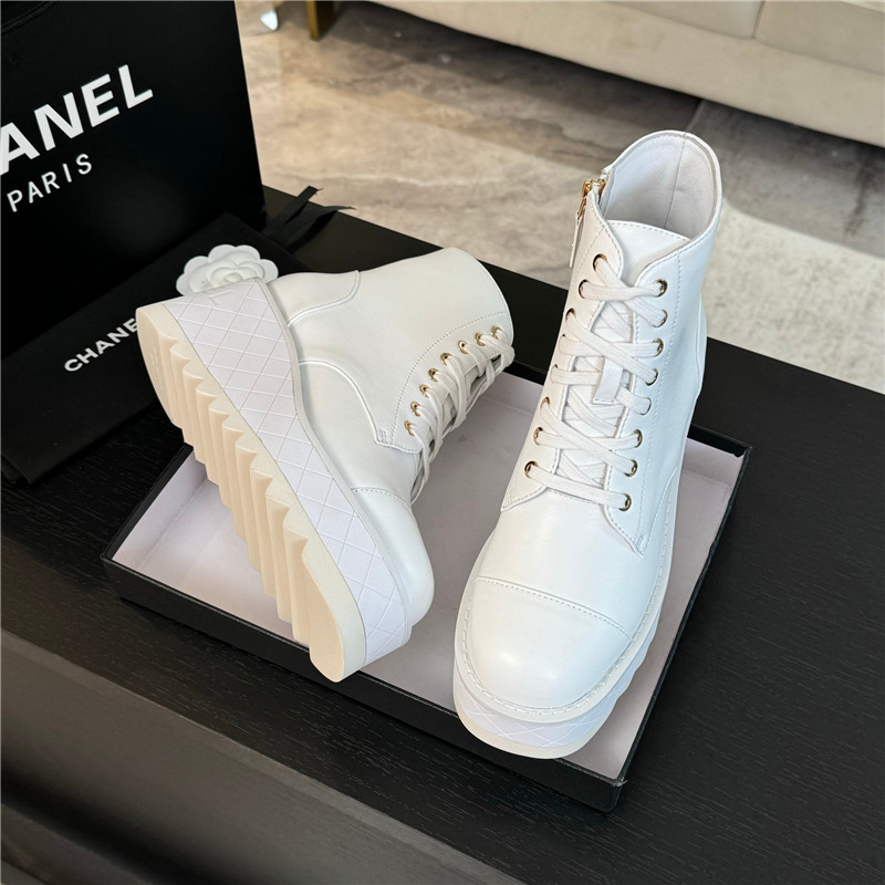 Ch**el white lambskin quilted lace-up wedge ankle boots