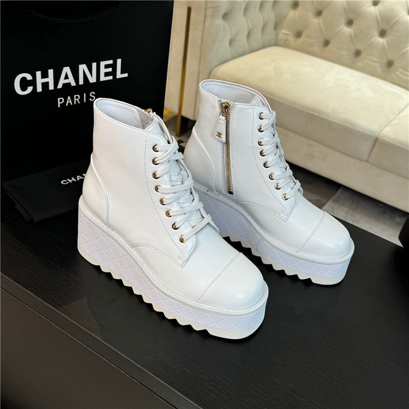 Ch**el white lambskin quilted lace-up wedge ankle boots