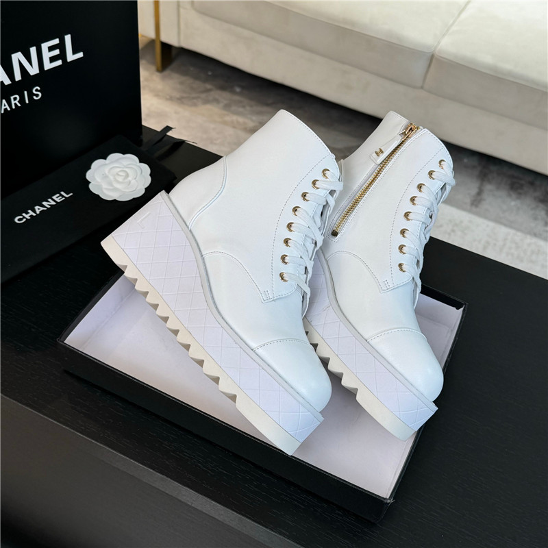 Ch**el white lambskin quilted lace-up wedge ankle boots