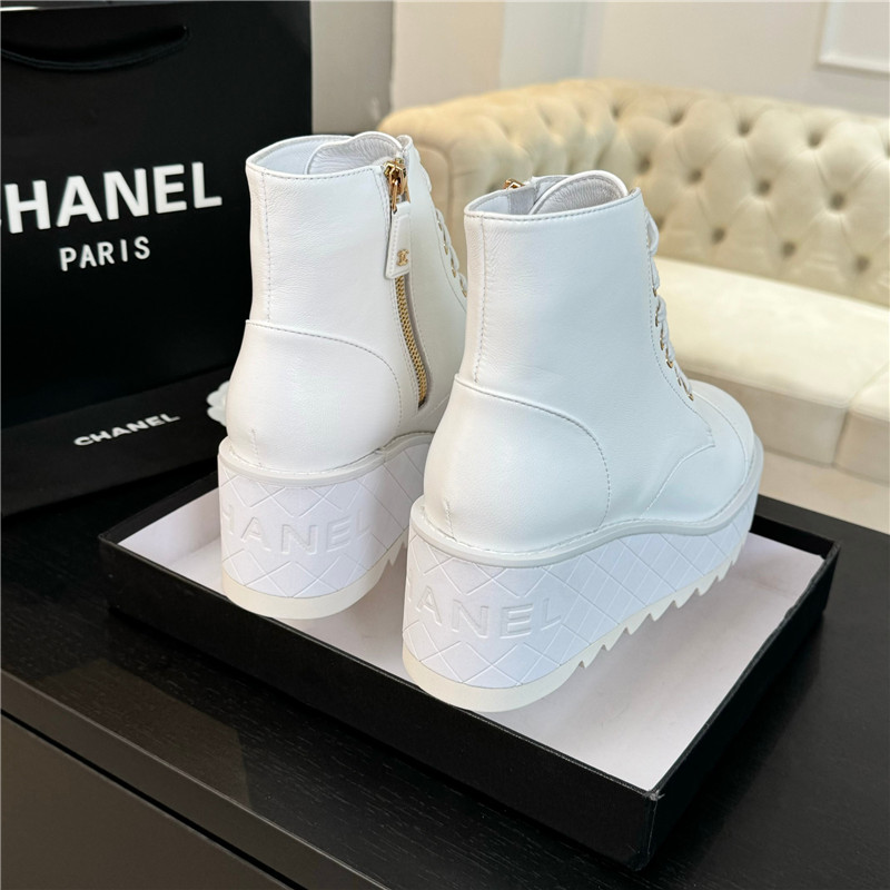 Ch**el white lambskin quilted lace-up wedge ankle boots