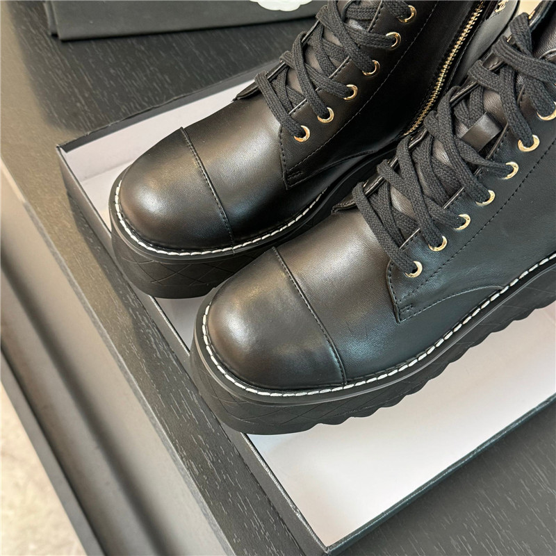 Ch**el black lambskin quilted lace-up wedge ankle boots