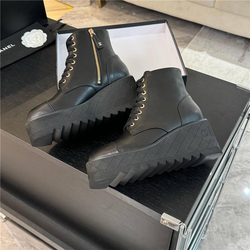 Ch**el black lambskin quilted lace-up wedge ankle boots