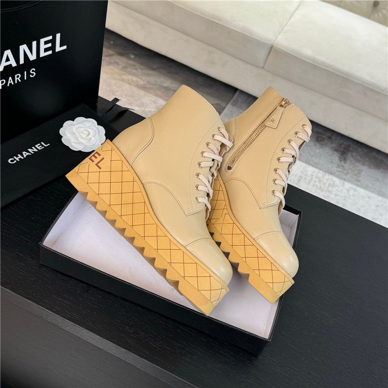 Ch**el lambskin quilted lace-up wedge ankle boots