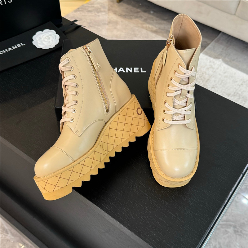 Ch**el lambskin quilted lace-up wedge ankle boots