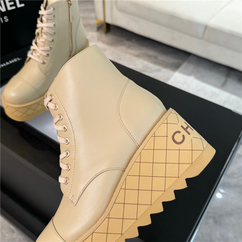 Ch**el lambskin quilted lace-up wedge ankle boots