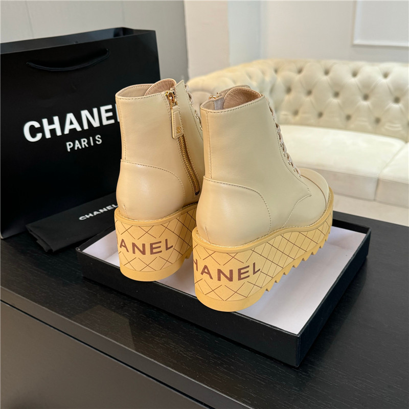 Ch**el lambskin quilted lace-up wedge ankle boots