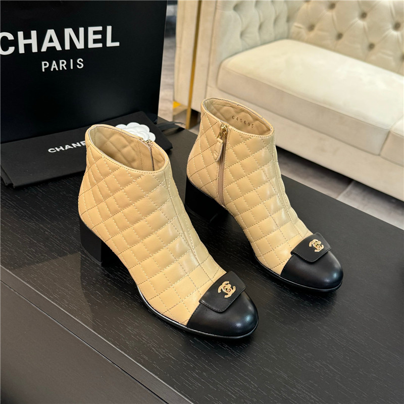 Ch**el beige quilted pattern lambskin ankle boots