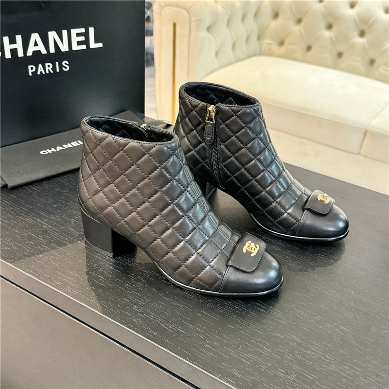 Ch**el black quilted pattern lambskin ankle boots