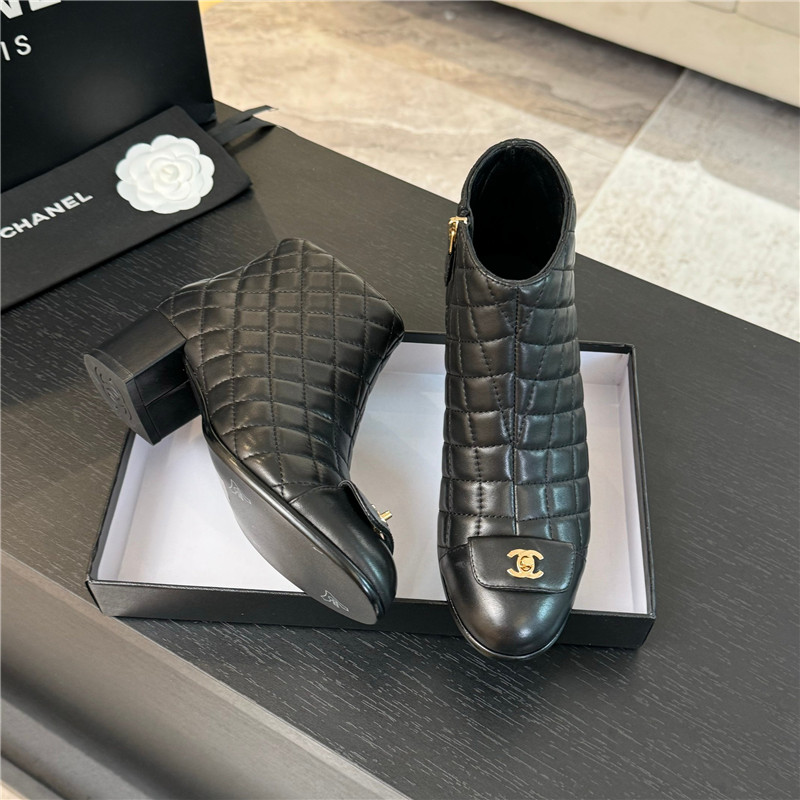 Ch**el black quilted pattern lambskin ankle boots