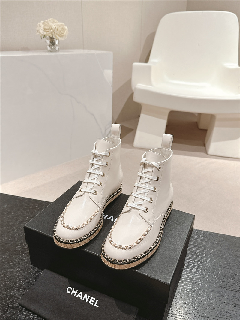 Ch**el lace-up calfskin flat ankle boots in white