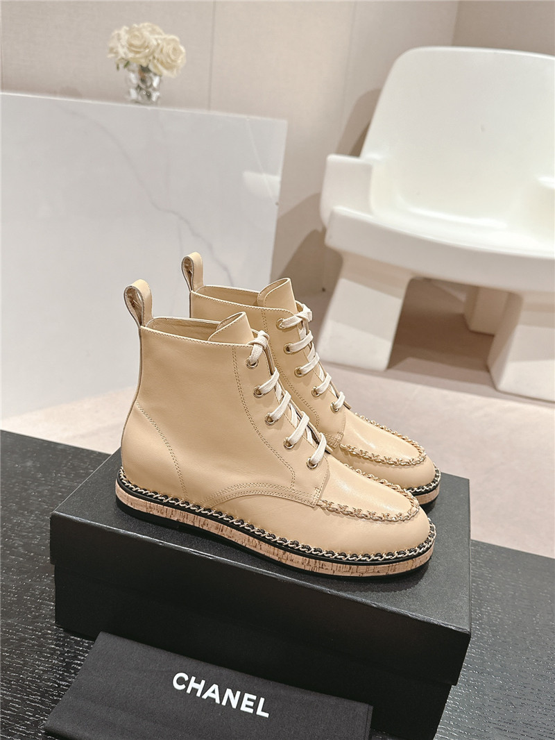 Ch**el lace-up calfskin flat ankle boots in beige