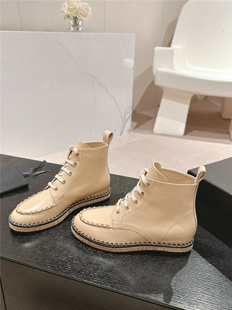 Ch**el lace-up calfskin flat ankle boots in beige