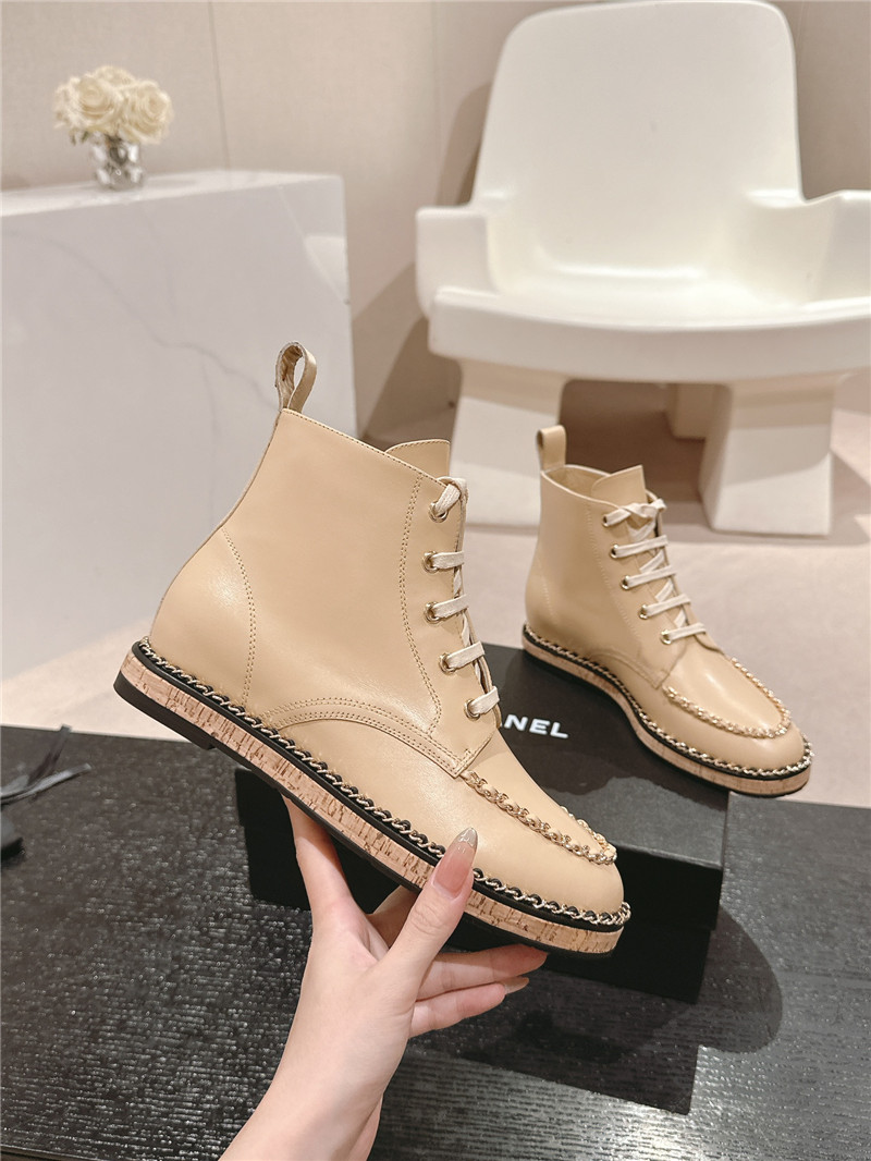 Ch**el lace-up calfskin flat ankle boots in beige