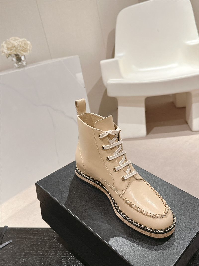 Ch**el lace-up calfskin flat ankle boots in beige