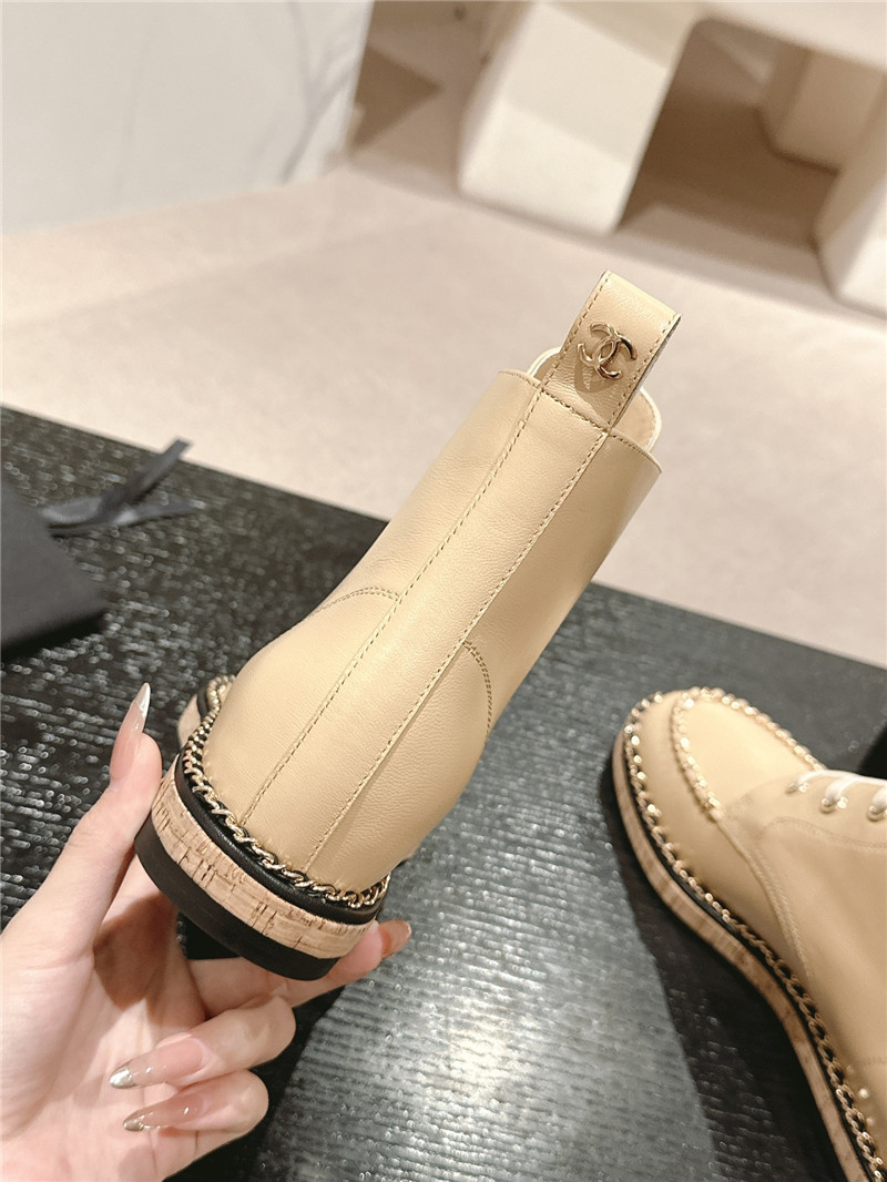 Ch**el lace-up calfskin flat ankle boots in beige