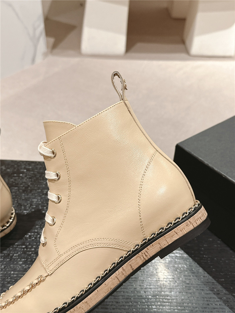 Ch**el lace-up calfskin flat ankle boots in beige