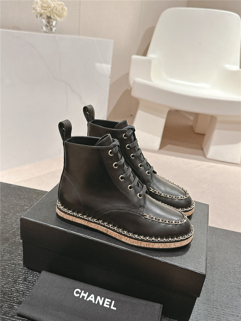 Ch**el lace-up calfskin flat ankle boots