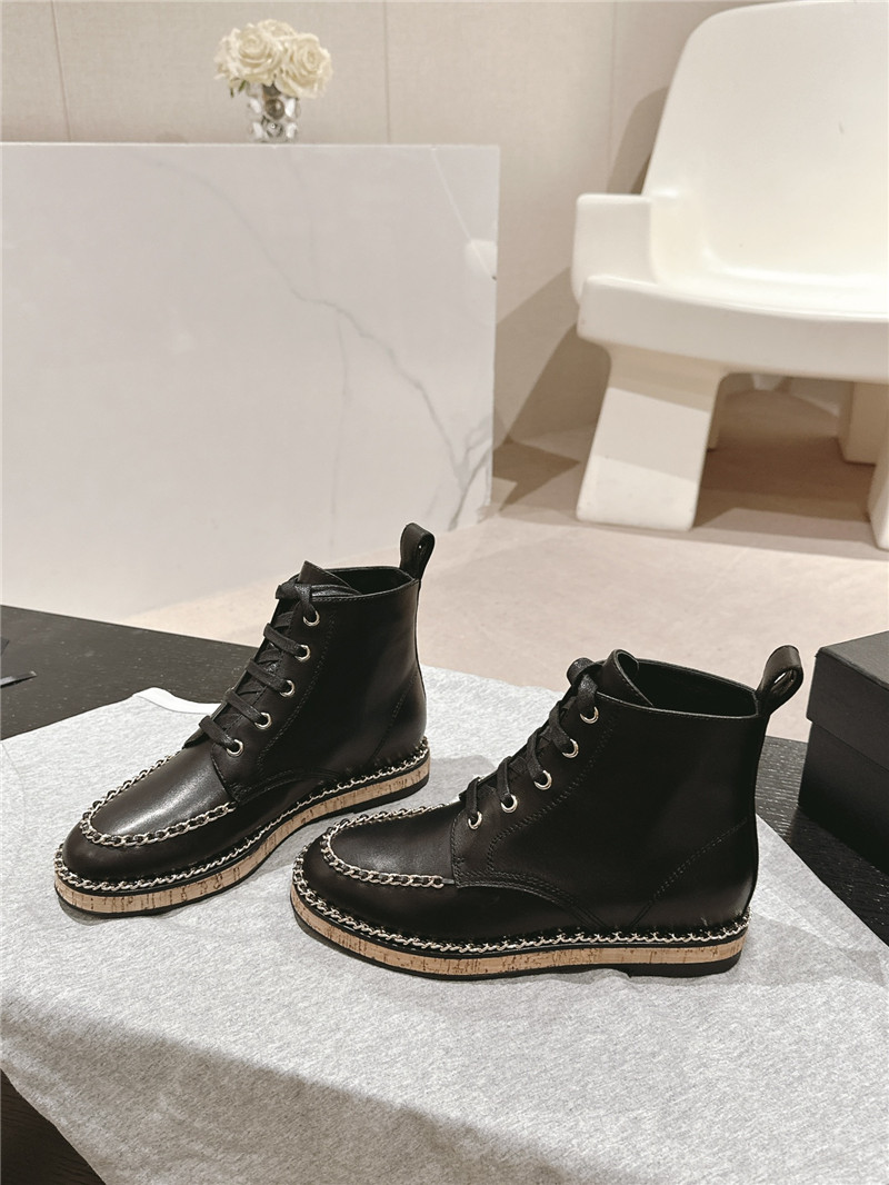 Ch**el lace-up calfskin flat ankle boots