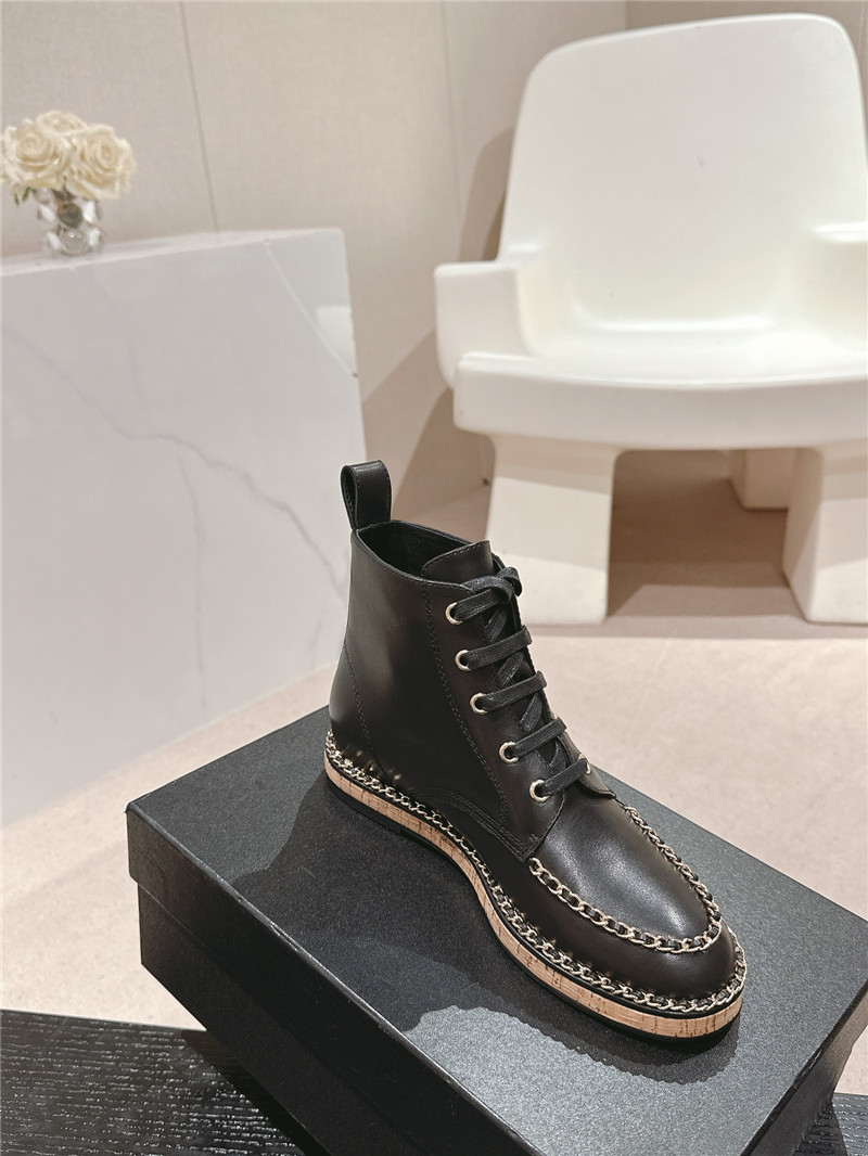 Ch**el lace-up calfskin flat ankle boots