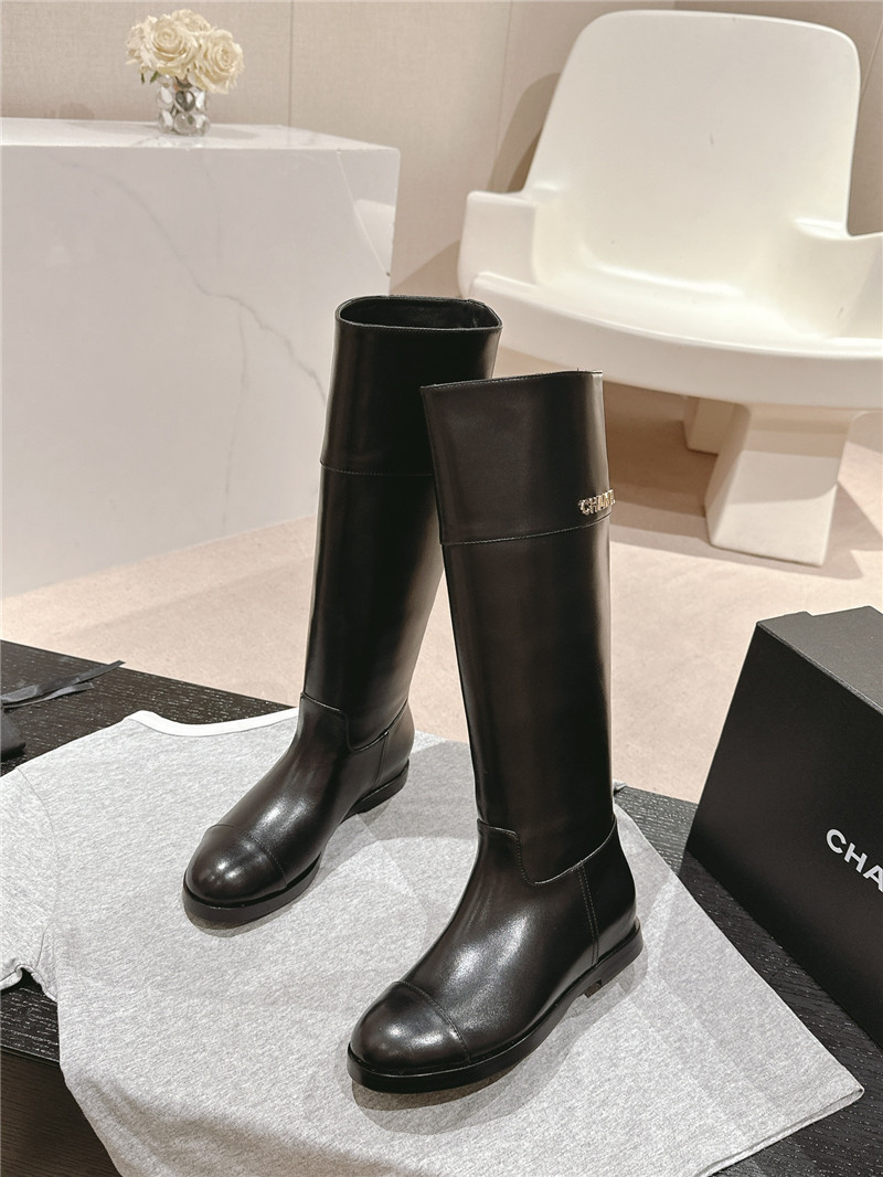 Ch**el black calfskin flat knee high boots