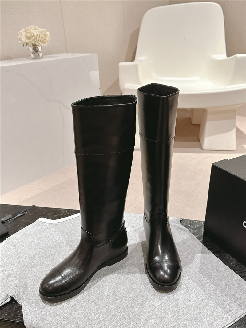 Ch**el black calfskin flat knee high boots