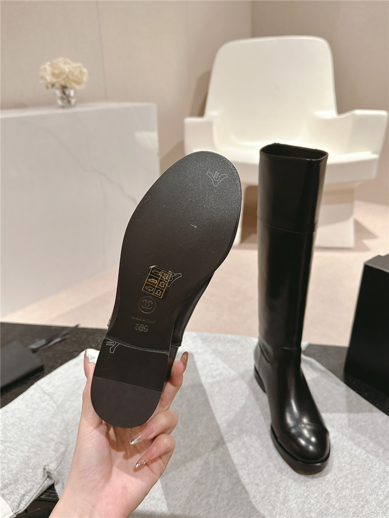 Ch**el black calfskin flat knee high boots