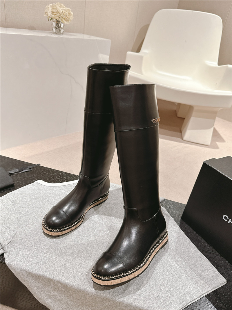 Ch**el calfskin flat knee high boots