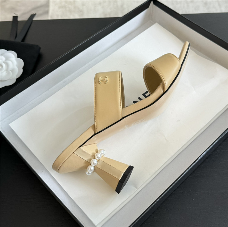 Ch**el pearl heel nude smooth leather mules