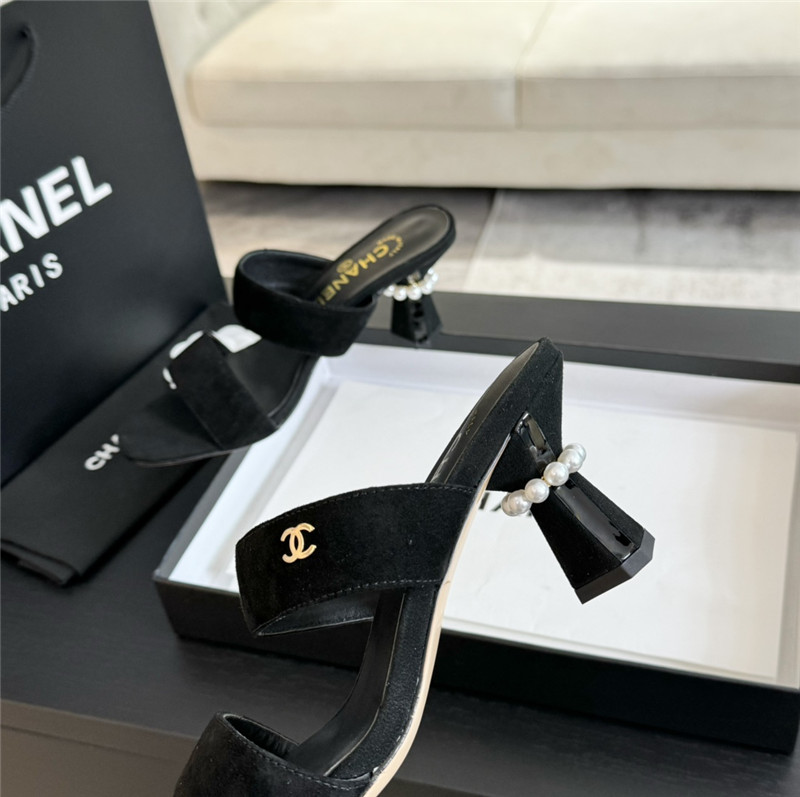 Ch**el pearl heel black suede mules