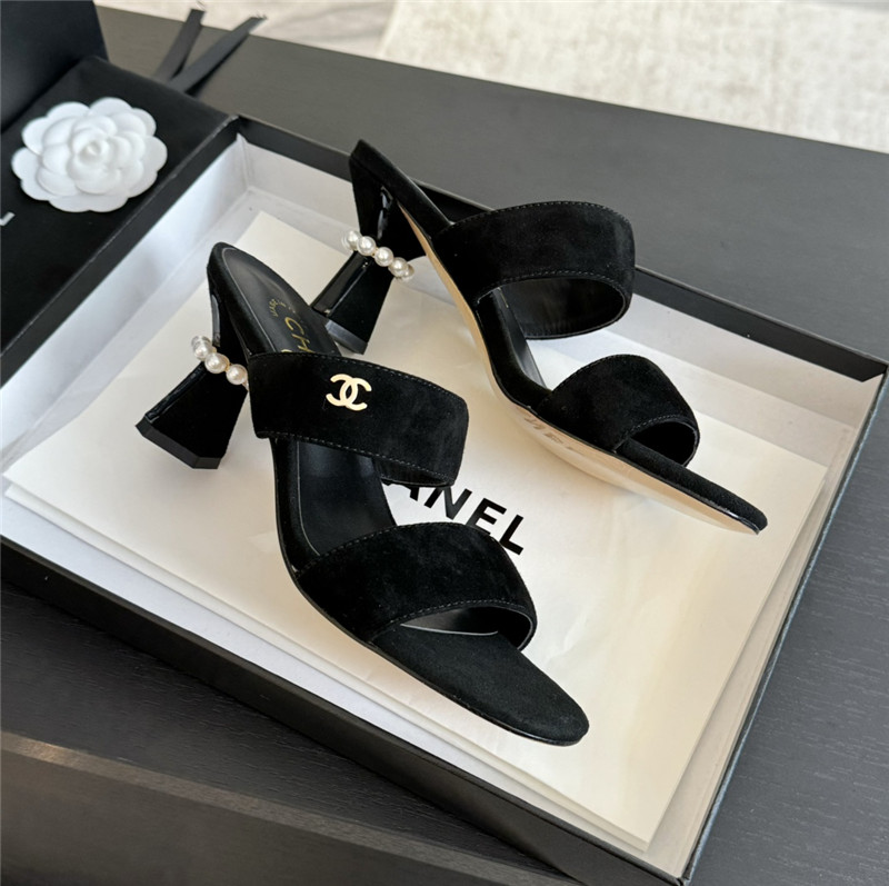 Ch**el pearl heel black suede mules