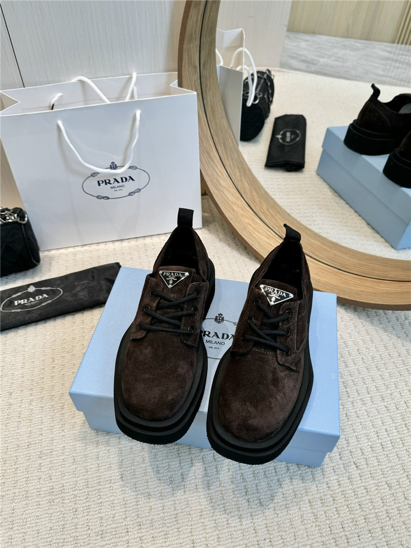 Pra*a brown suede leather triangle logo loafers