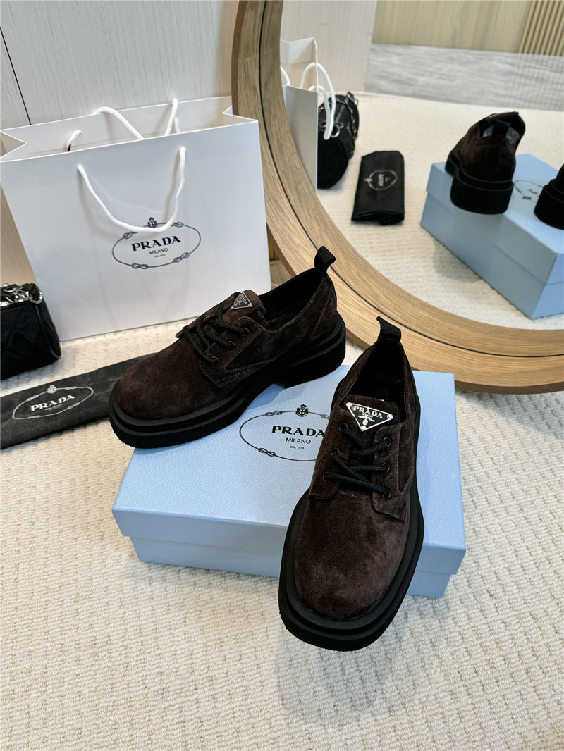 Pra*a brown suede leather triangle logo loafers