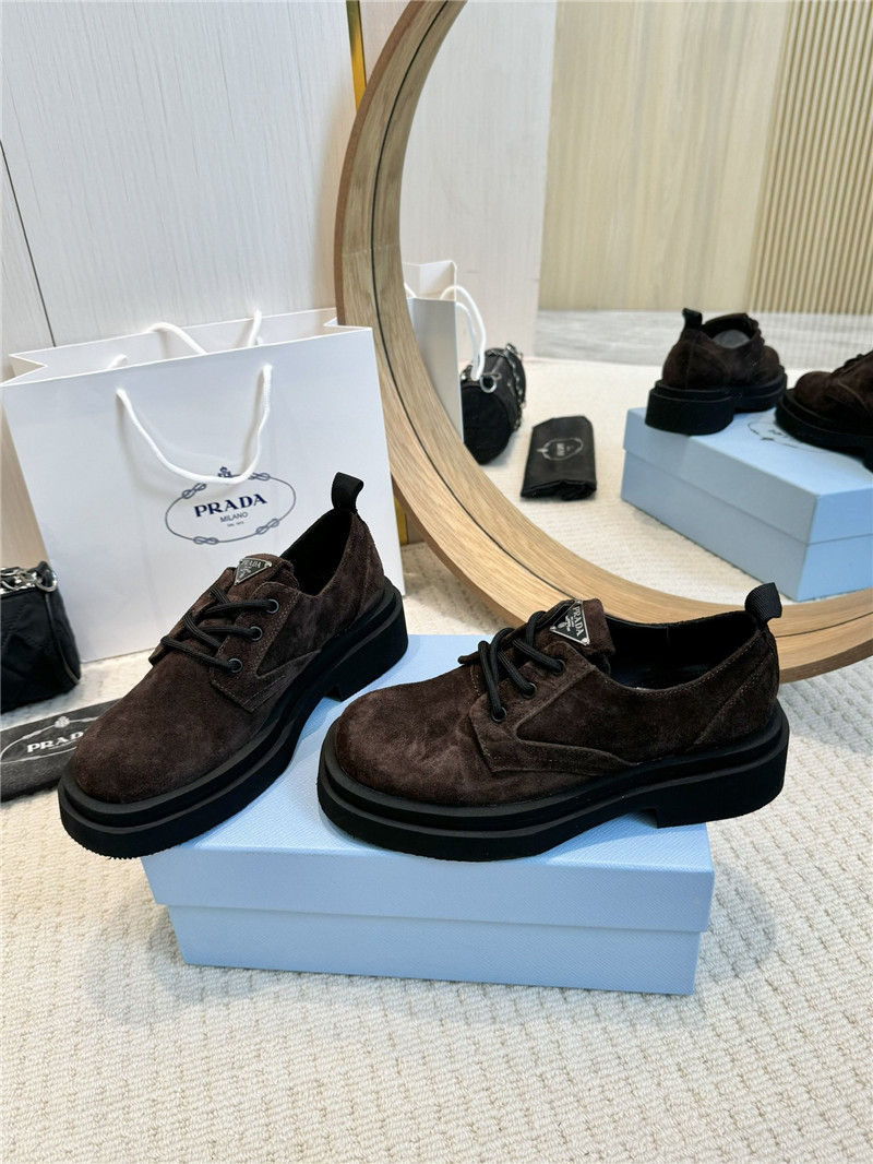 Pra*a brown suede leather triangle logo loafers