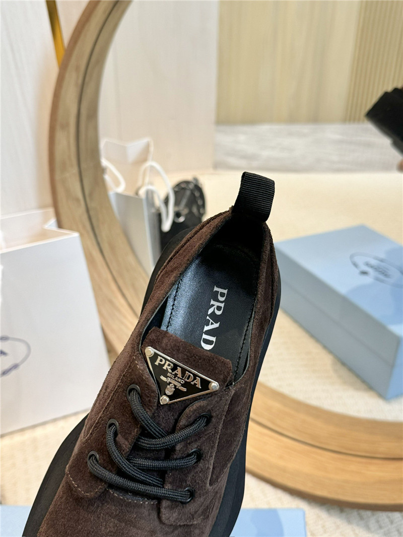 Pra*a brown suede leather triangle logo loafers