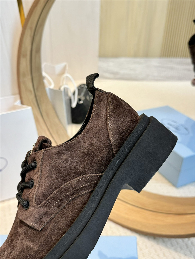 Pra*a brown suede leather triangle logo loafers