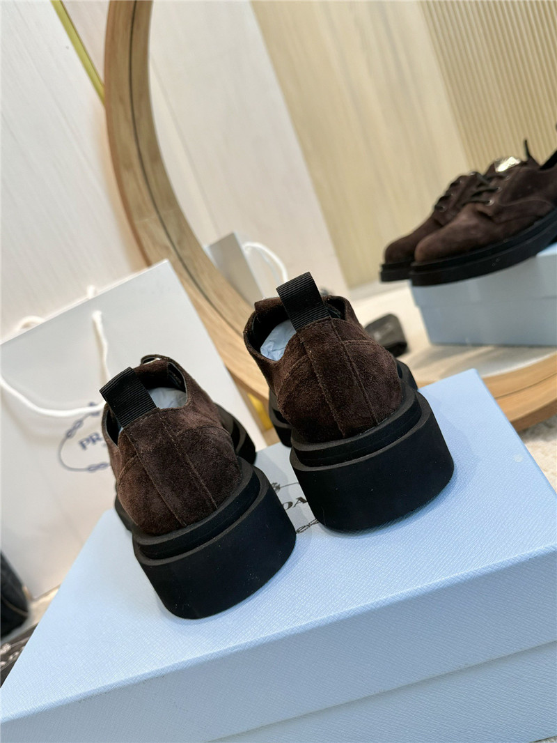 Pra*a brown suede leather triangle logo loafers