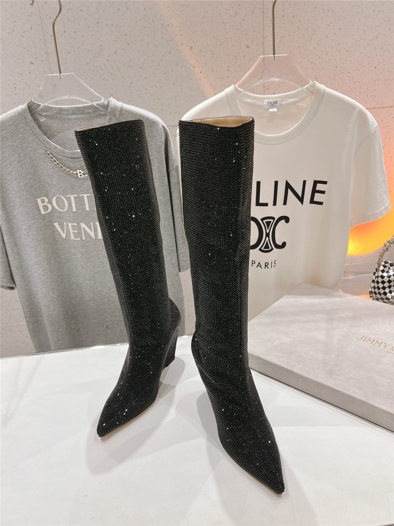 J1m*y Ch00 black crystals wedge knee-high boots