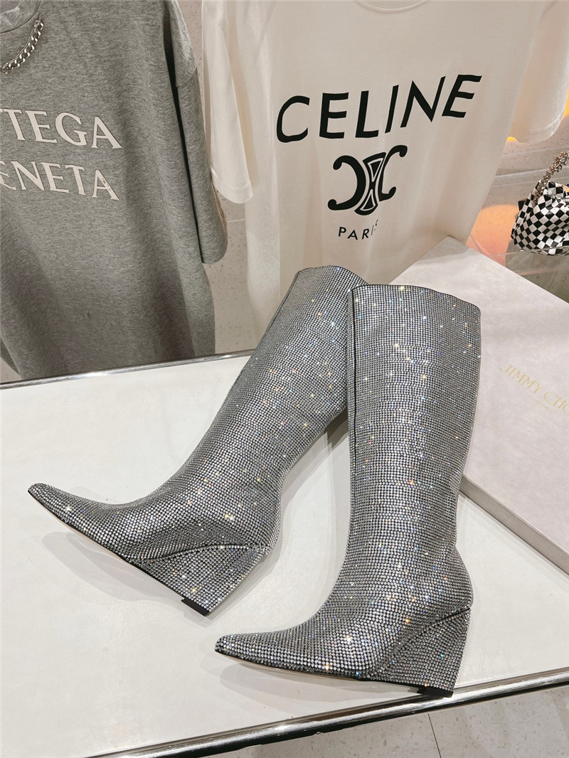 J1m*y Ch00 silver crystals wedge knee-high boots