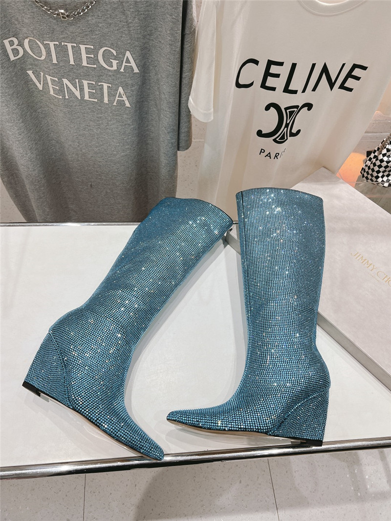 J1m*y Ch00 crystals wedge knee-high boots