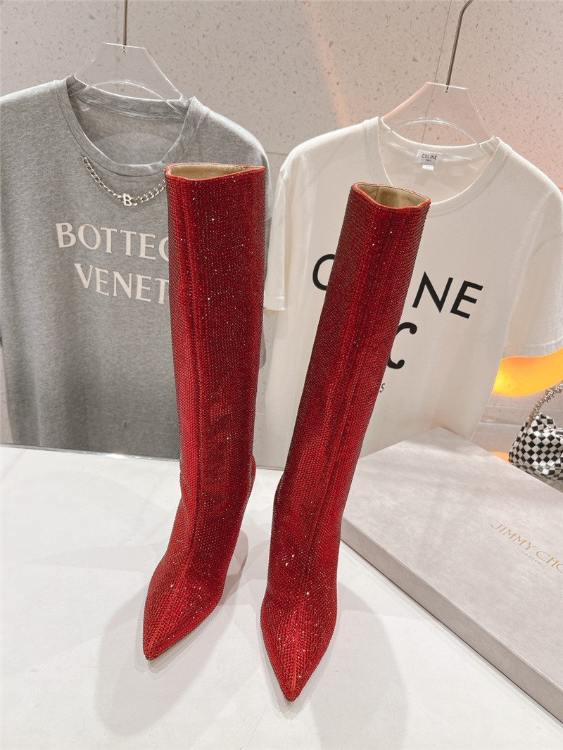 J1m*y Ch00 red rhinestone knee high boots