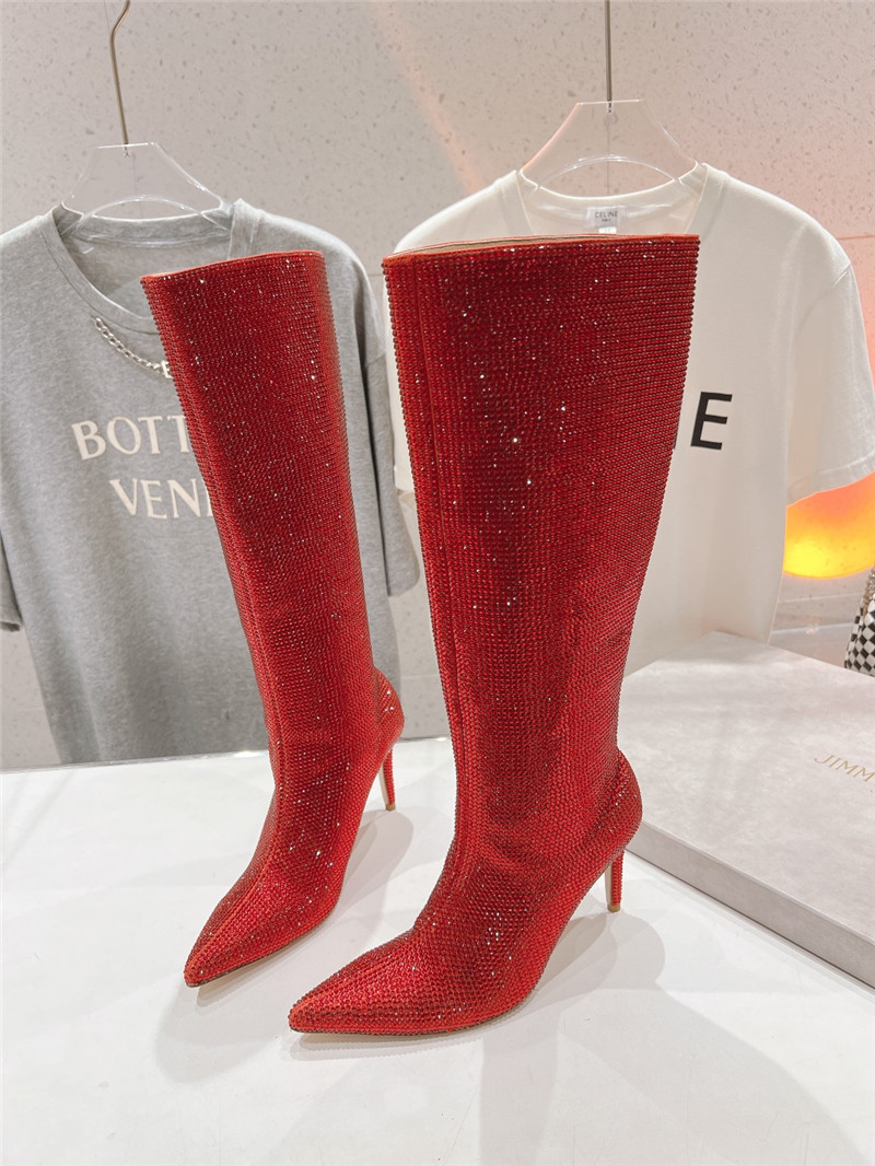 J1m*y Ch00 red rhinestone knee high boots