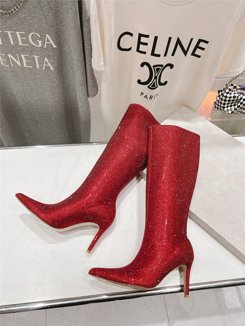 J1m*y Ch00 red rhinestone knee high boots
