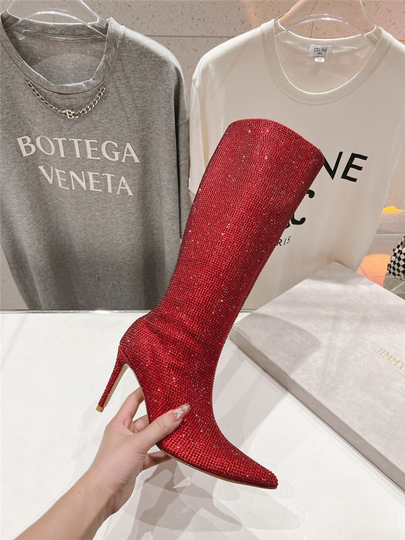J1m*y Ch00 red rhinestone knee high boots