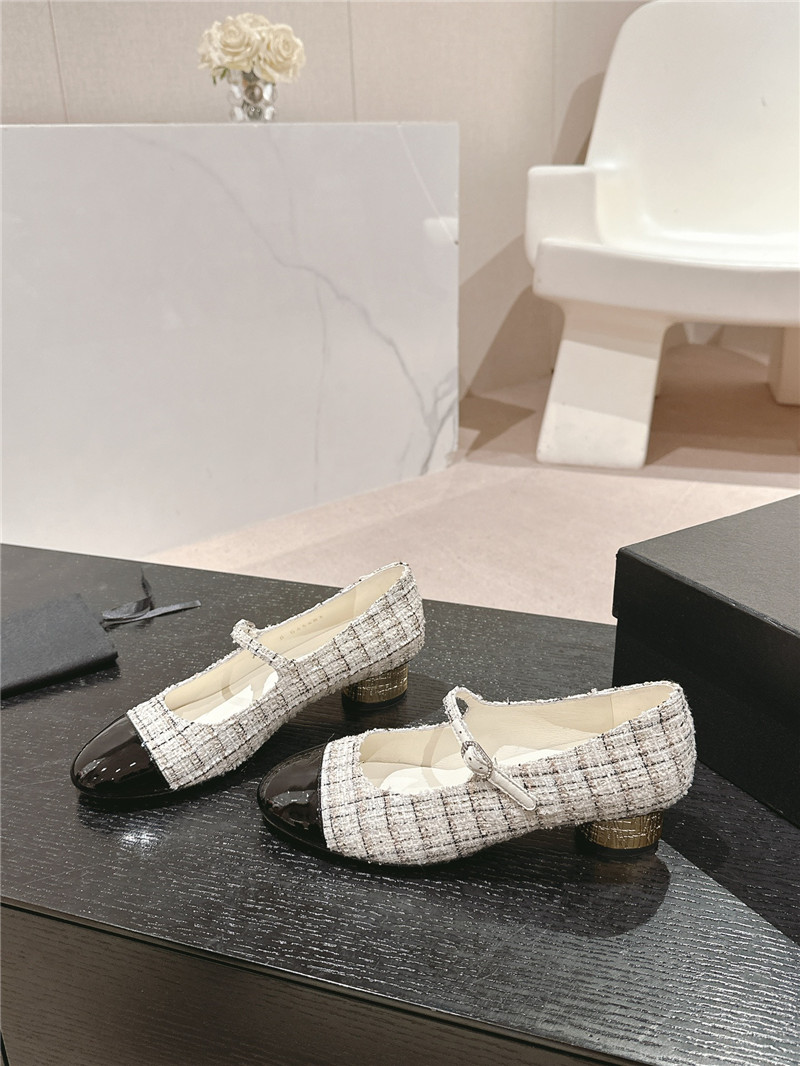 Ch**el natural/black mary janes check tweed & calfskin