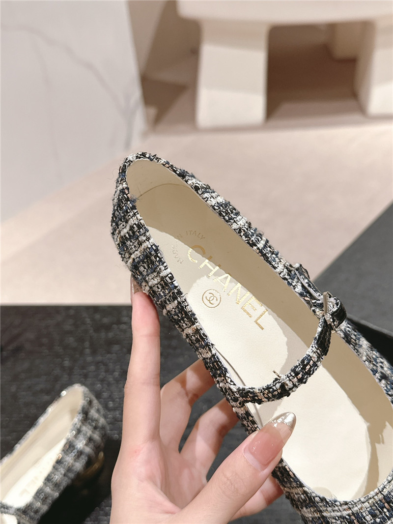 Ch**el black/white mary janes check tweed & calfskin