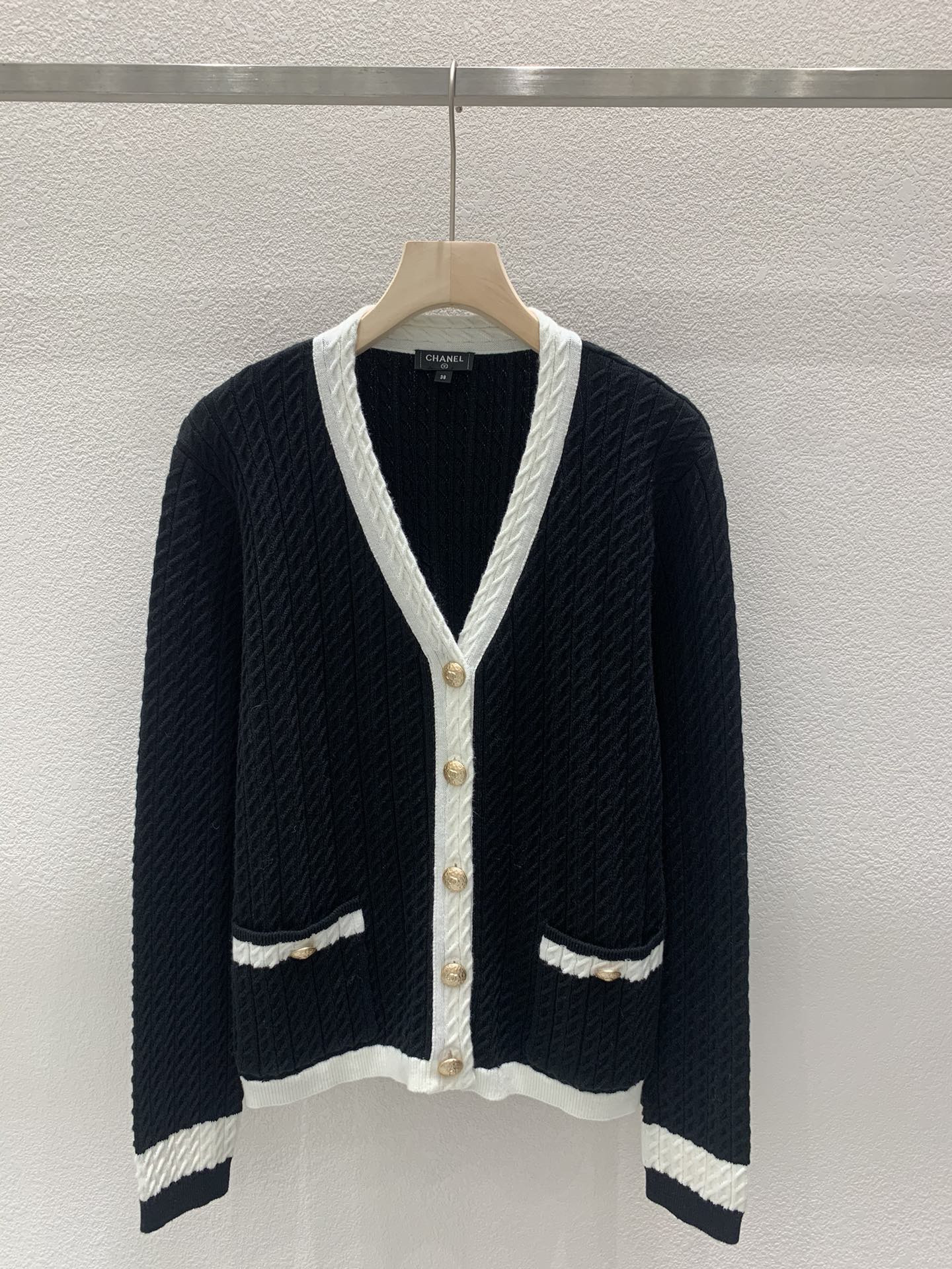 Ch**el contrast v-neck cardigan in black