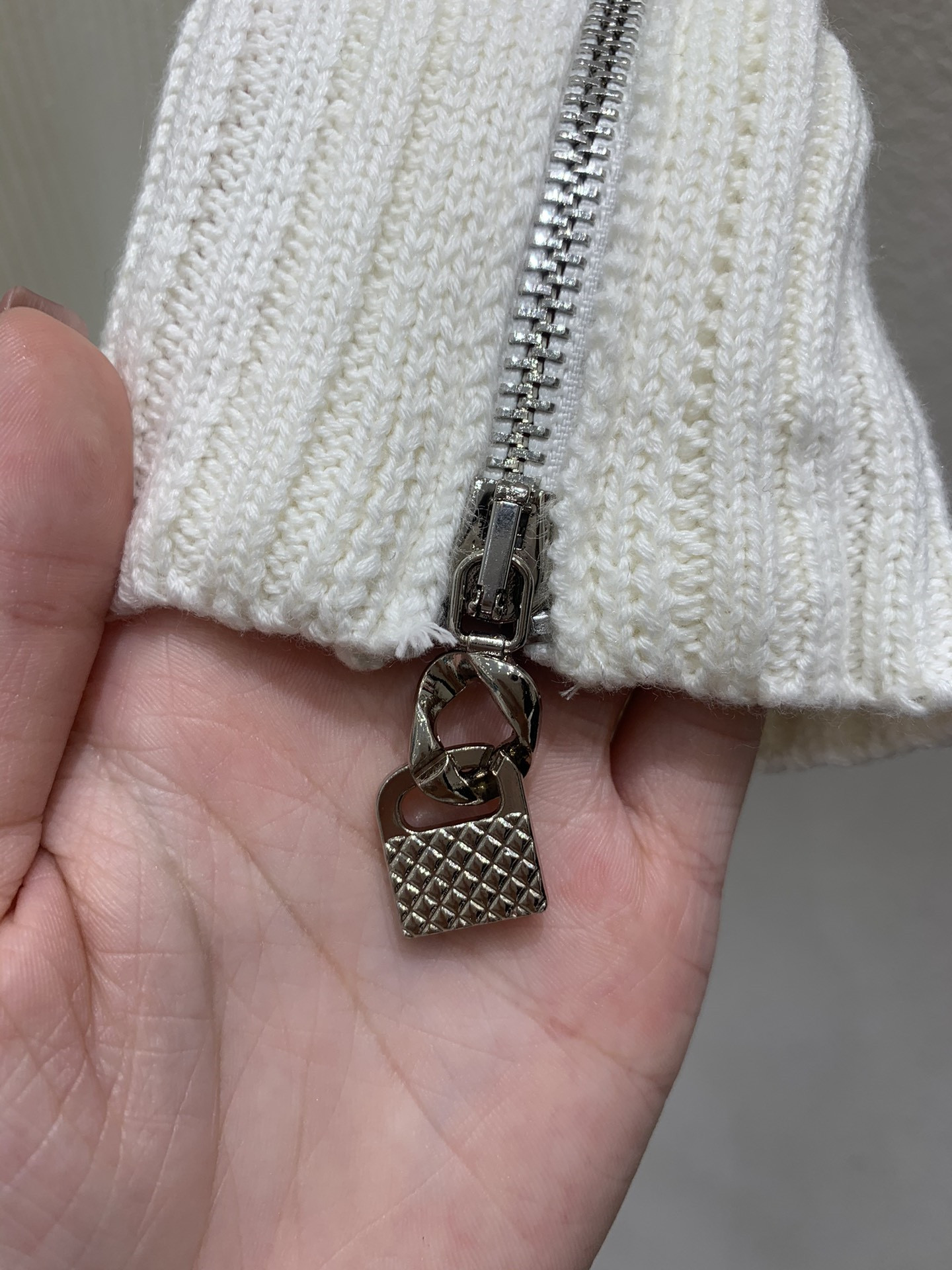 Ch**el zipper trim rib-knit sweater in white