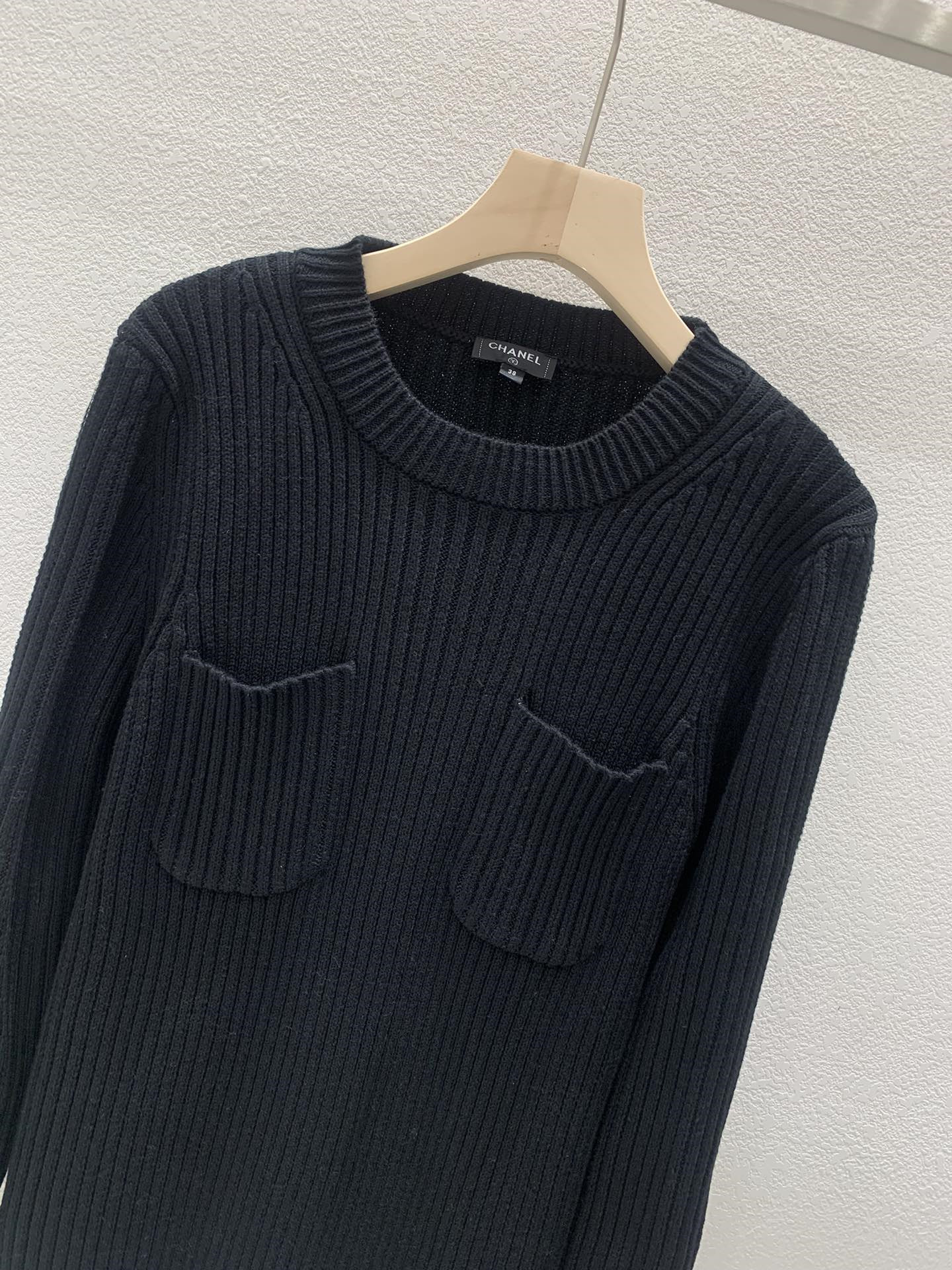 Ch**el zipper trim rib-knit sweater black