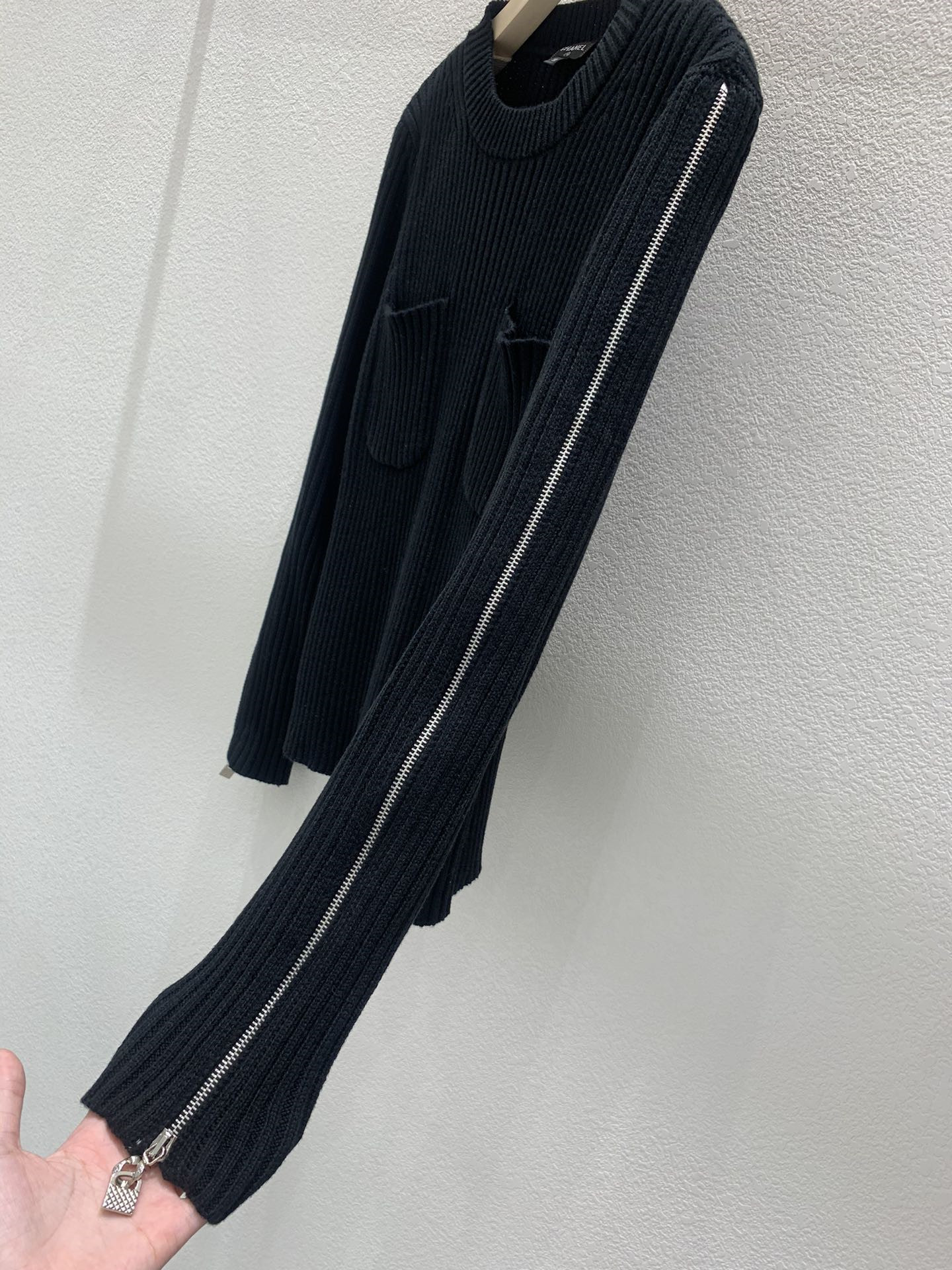 Ch**el zipper trim rib-knit sweater black